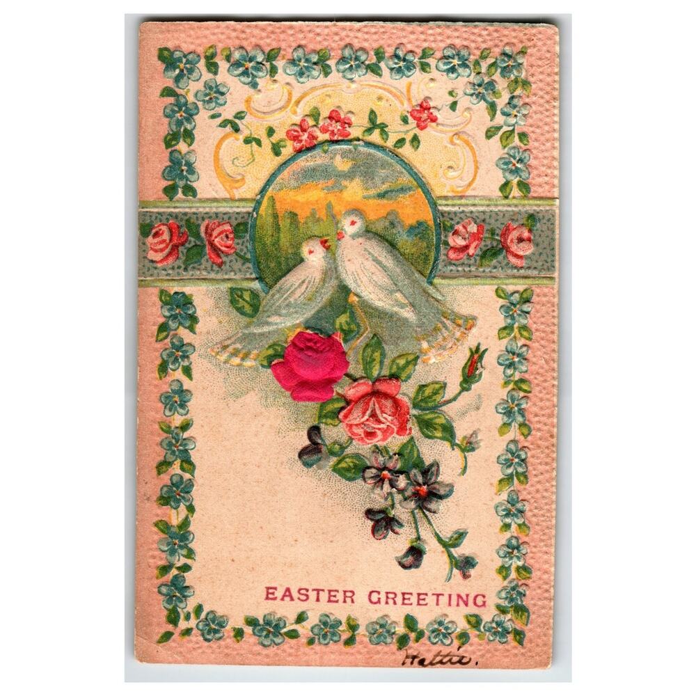 Vintage Embossed Easter Greeting Postcard Doves Roses Flowers 1907 Glenspey NY